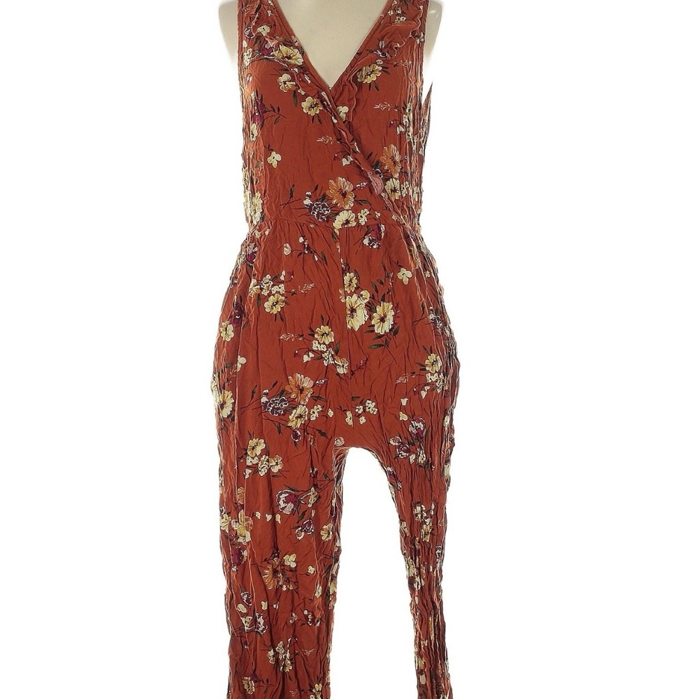Xhiliration Rust Floral Sleeveless Jumpsuit XXL